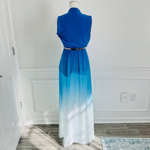 BeBe Blue Ombre Maxi Dress / Romper + Built In Shorts Maxi Sheer Deep V Neck - Picture 5 of 17